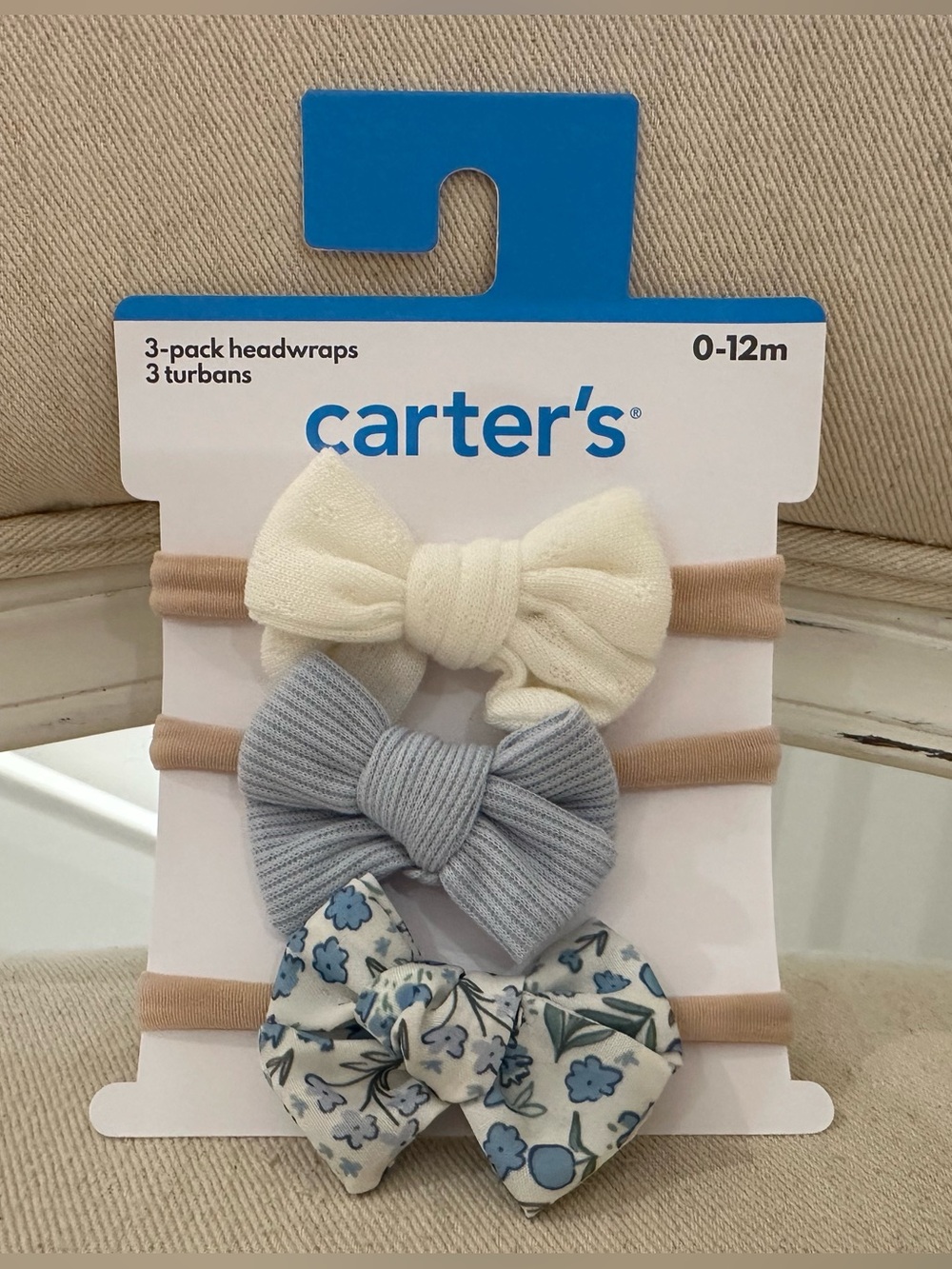 🦢 0~12 Mth Carter's Baby 3-Pack Bow Headwraps - Cream, Gray~blue & Floral NWT